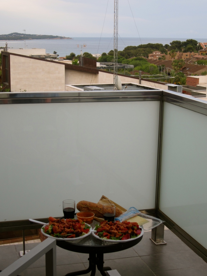 'Homemade Dinner with a View'. Many nights we bought some veggies and ate a salad on our hotel balcony. 